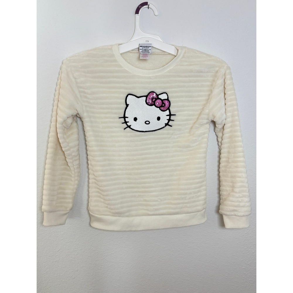 Hello Kitty Sanrio Girls Cream Plush Fleece Sequin Sweatshirt Size 8/10 M